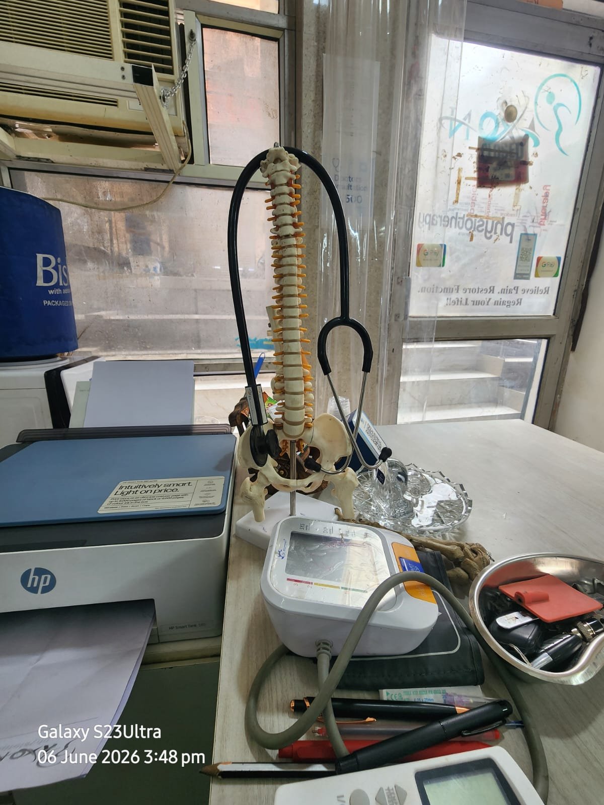 Reception desk with anatomical spine model